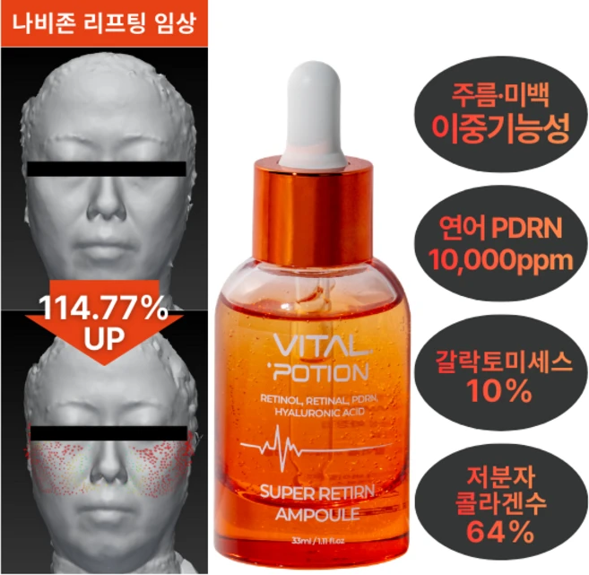 바이탈포션 슈퍼 레티알엔 앰플 고함량 연어 PDRN 10000ppm 탄력 주름 미백 앰플, 33g, 1개 - 쿠팡