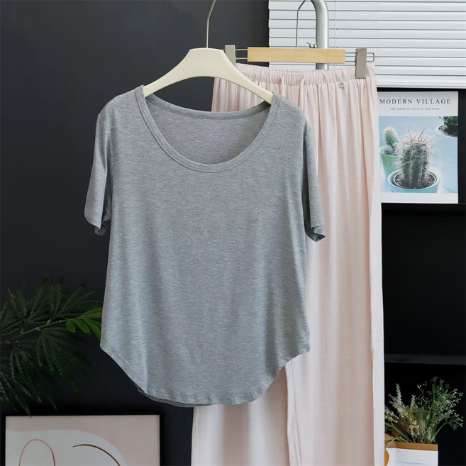 VEZRI 여성 여름 모달 라운드넥 반팔 티셔츠 아치형 밑단 루즈핏 체형커버 튜닉