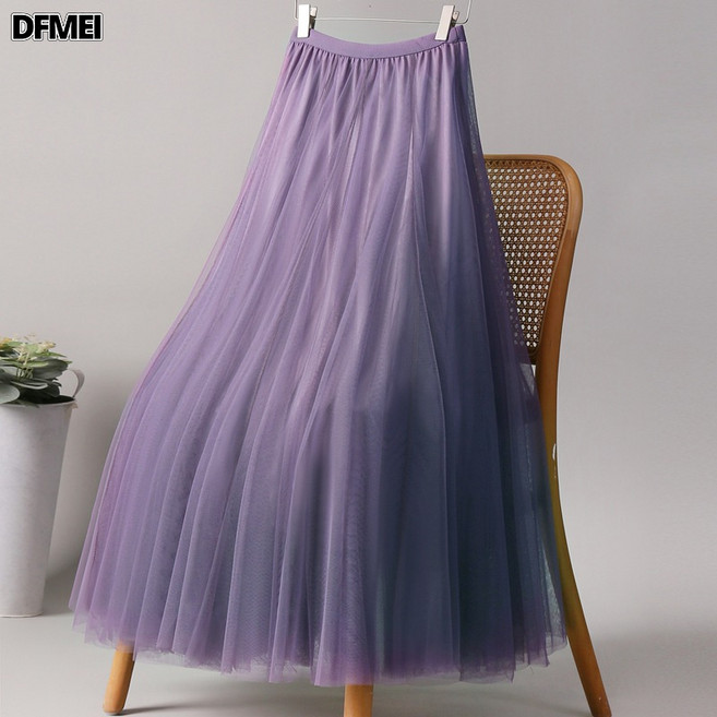 DFMEI 網紗半身裙女紫色廣場舞紗裙720度大擺舞蹈裙高腰顯瘦A字拍照長裙