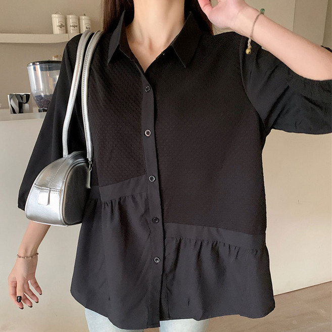 마이클로젯 MC0137 7부소매 와플패턴 언발 블라우스