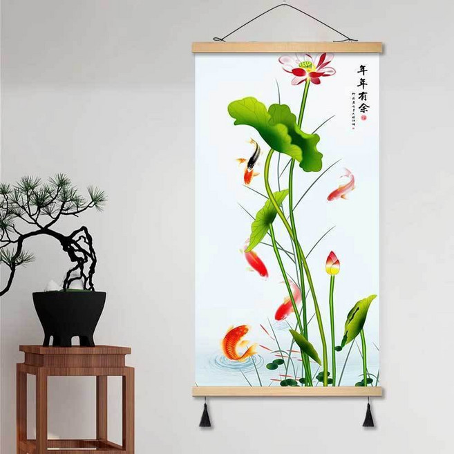 新中式 九魚圖 荷花 錦鯉 掛畫 裝飾畫 茶室 走廊 過道 墻壁畫 426UBGT01A, RX-聚財九魚08,寬40cm*高80cm