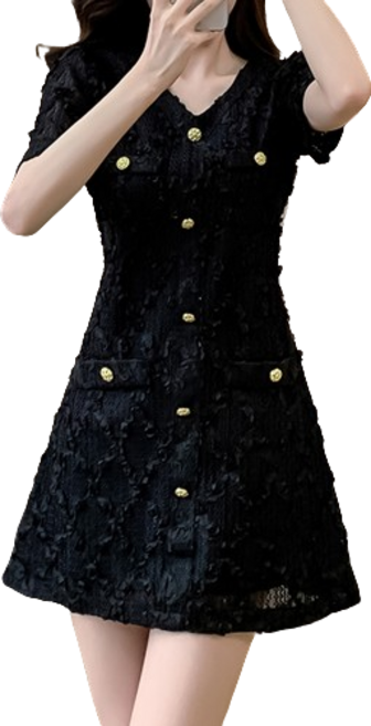 티티웍스 브이넥 반소매 레이스 자카드 금장 버튼 미니 슬림핏 원피스
