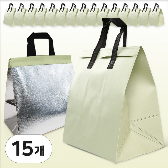 일회용 보냉가방 손잡이 은박 보냉백 캠핑용 도시락 보냉 가방, 15개, 올리브그린