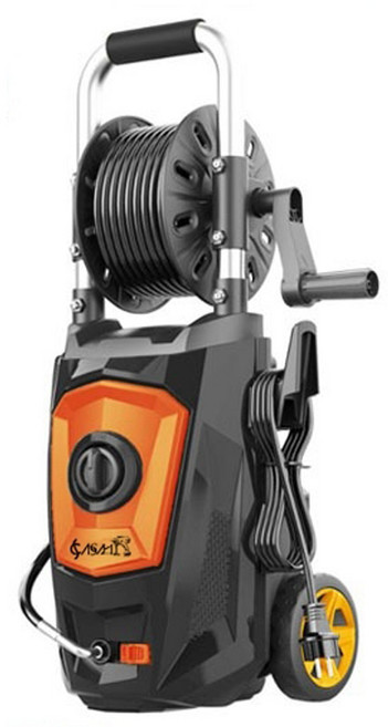 ASAHI 自吸式高壓清洗機，附輪子及水管捲盤，多功能噴頭，適用於汽車、庭院清潔, 橘黑色, 3302T