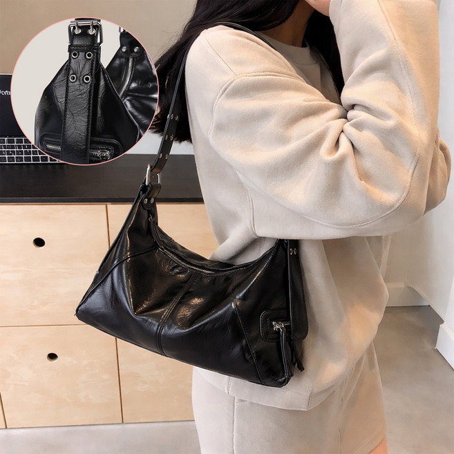 Firina 여성 크로스백 숄더백 복고 오일왁스 신월백 대용량 스트랩 길이 조절 데일리 가방