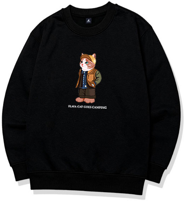 플라바 캠핑캣 맨투맨 남녀공용 빅사이즈 고양이 그래픽 맨투맨티셔츠