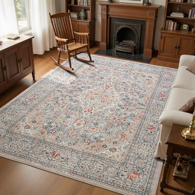 Goideal Washable Rug 8x10 Vintage Area Rugs Non Slip Indoor Low Pile Carpet with Rubber Backing, 베이지/그레이