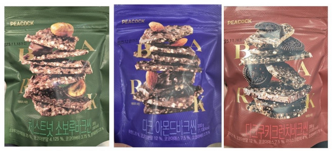 피코크 바크씬 3종(체스트넛소보루+다크쿠키크런치+다크아몬드) 각 1개씩, 600g, 1세트