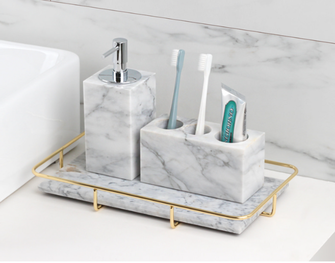 허니상점 심플 천연 대리석 욕실용품 세트 트레이 디스펜서 칫솔 치약 꽂이 /2color, 블랙