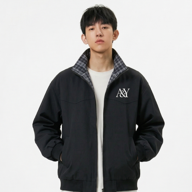 ANYOU 남성 봄 가을 간절기 오버핏 스탠드넥 로고 프린팅 캐주얼 자켓 점퍼