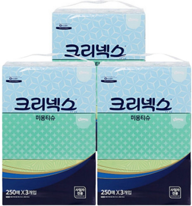 100% 천연펄프 크리넥스 갤러리 미용티슈 250매 총9곽 3입 x 3팩 무색 무향 각티슈, 250매X9개