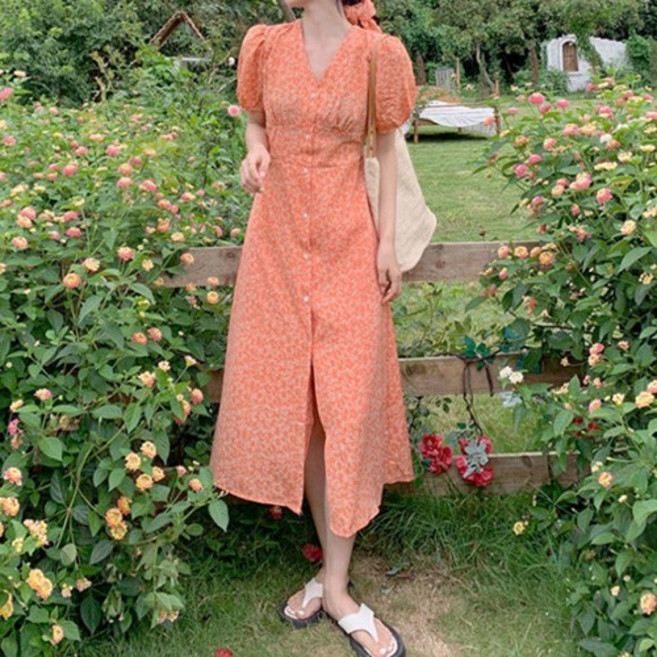 GSTUFF 플라워 퍼프 반소매 오프 롱 원피스