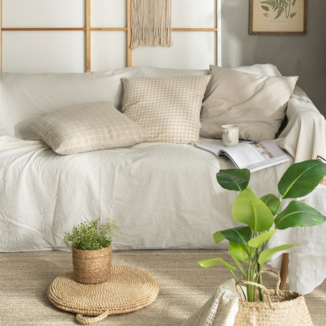 데코뷰 베이지 워싱 린넨 방석 (솜포함) 방석커버, 체크