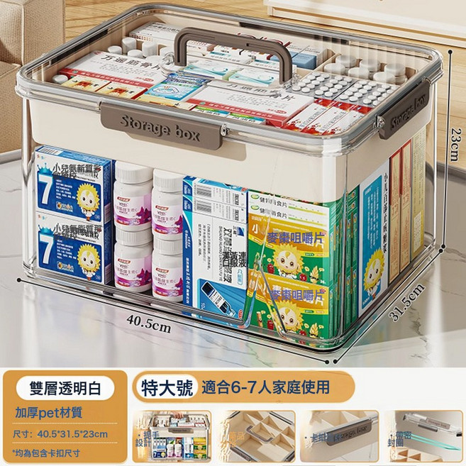 DIU 醫藥箱家庭裝大號家用大容量多層密封急救藥品醫療箱小藥物收納盒, 1個, 【特大號-雙層透明白】特厚升級:如圖