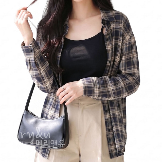 메리앤유 차르르 루즈핏 쉬폰 체크 셔츠 남방과 나시 2종세트 간절기