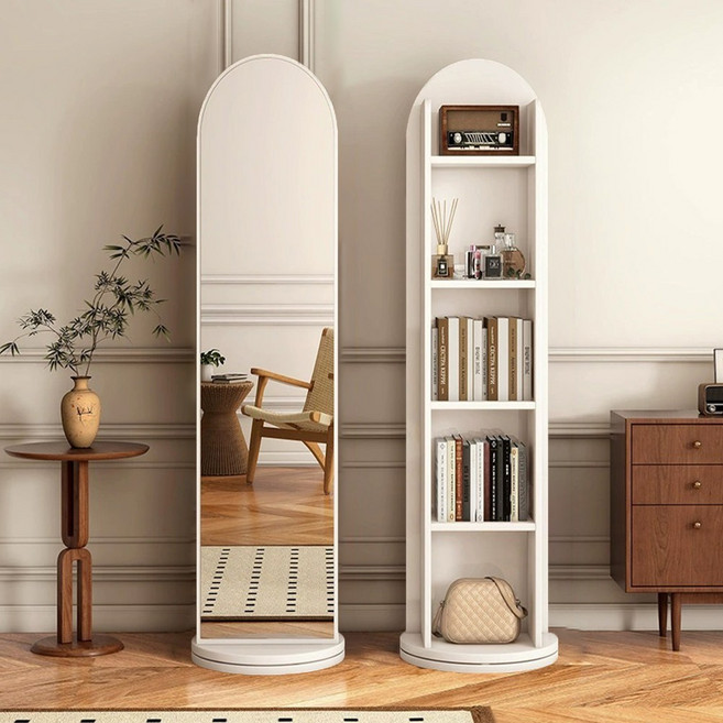 전신거울 360도 회전형 책장수납다용도 선반 화장대, 화이트