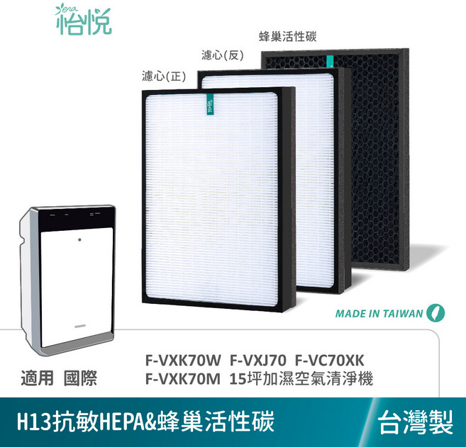 怡悅 空氣清淨機濾網 適用 Panasonic 國際牌 F-VXK70W F-VXJ70 F-VC70XK, 1個, 怡悅抗敏HEPA濾心+蜂巢活性碳濾網