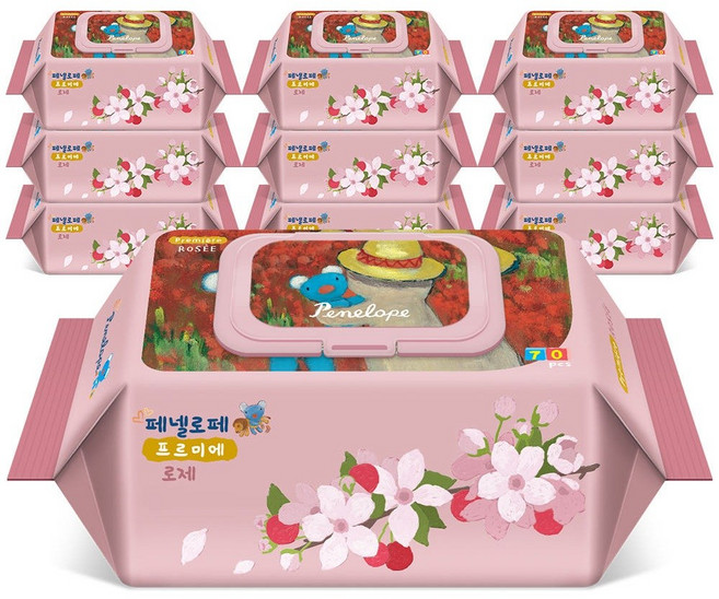 페넬로페 물티슈 프르미에 로제 캡형 70매 10팩, 65g
