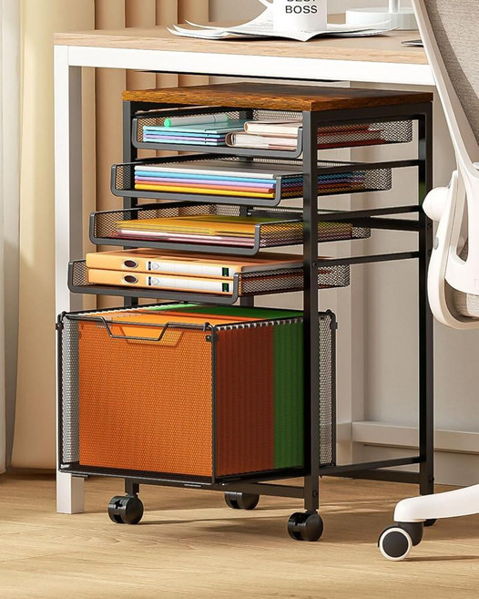 Feyejade Rolling File Cart 5-Tier Under Desk Storage with Drawers Filing Cabinet for Letter-Size, BLACK & Wooden top