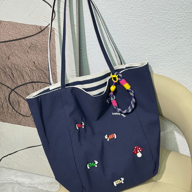 大容量刺繡條紋雙面帆布托特包