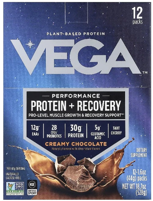 Vega 운동 능력 단백질 + 회복 크리미 초콜릿 맛 12팩 각 44g(1.6oz) Vega (베가), 패킷 - 쿠팡