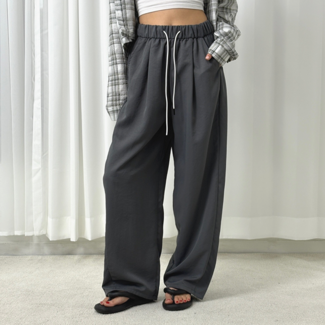 바이일이오 여성 무지 배색 핀턱 파스텔 바스락 밴딩 여름 와이드 팬츠