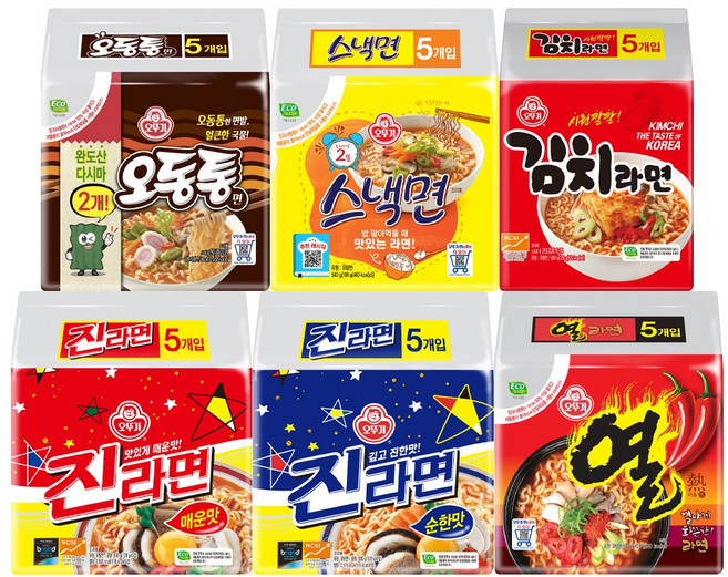 오뚜기 진라면 순한맛5입+매운맛5입+열라면5입+오동통면4입+스낵5입+김치라면4입 6종세트, 28개