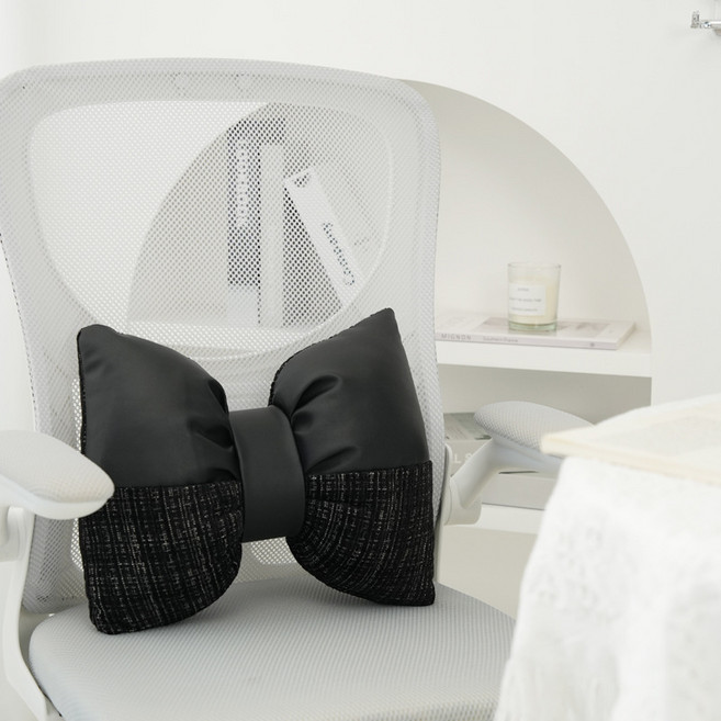 리본 등받이쿠션 부드럽고 편안하다 허리쿠션 모직 원단 소파쿠션 자동차허리쿠션 의자 허리쿠션 소파 장식품 (공주풍 디자인 정교한 리본), 41*31CM, Xiaoxiangfeng 허리 블랙