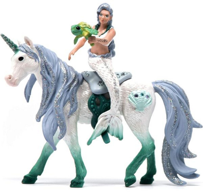 Schleich bayala 소녀와 소년을 위한 인어 유니콘 장난감 바다 유니콘을 타고 있는 인형 5세 이상, 2021 Box Style, 1개