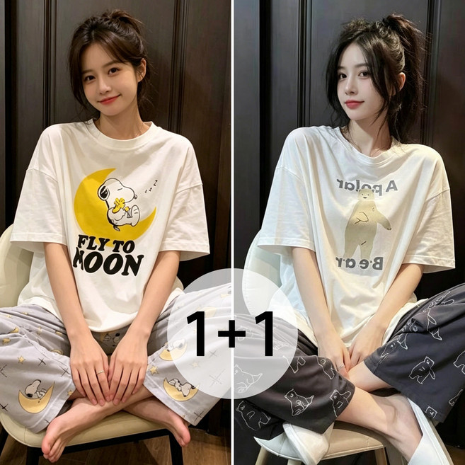 WAIJER 1+1 여성 여름 잠옷세트 큐트 캐릭터 반팔 긴바지 홈웨어 상하세트 외출 가능한