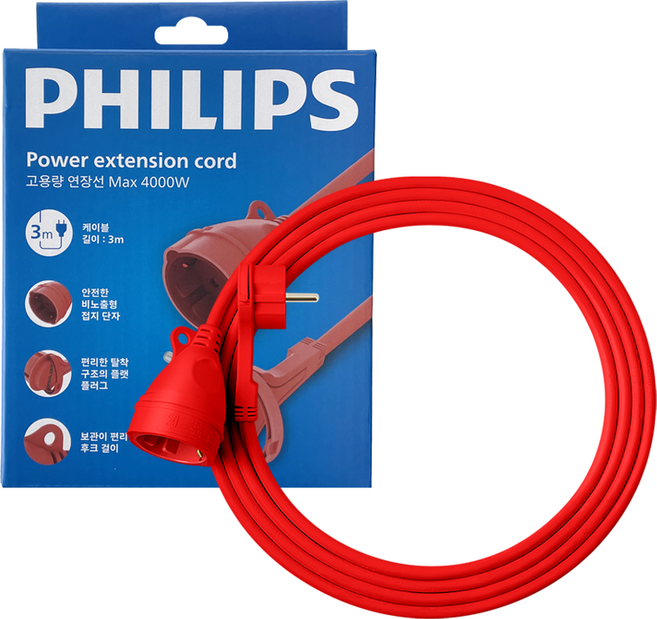 필립스 고용량 연장선 연장 케이블 납작 콘센트 1구 멀티탭, 1개, 3m, 레드 CHP1110RB