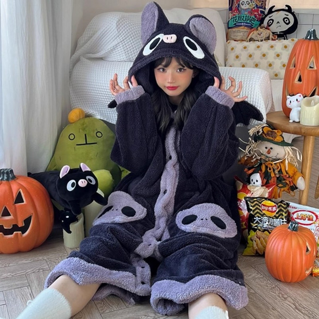 귀여운 박쥐 후드 극세사 롱 코트 원피스 잠옷 (퍼플) 캐릭터 겨울 코트형 수면 파자마