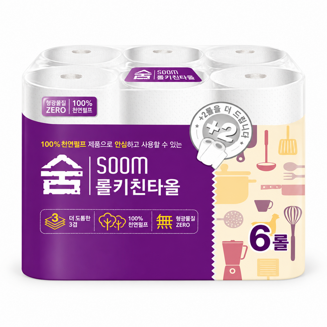 숨 천연펄프 롤키친타올, 6롤, 1세트