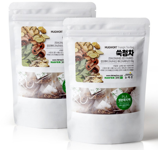 늘해찬 볶은 쑥청차 티백 쑥+당귀+생강+계피 전통차 허브차 대용량 생분해 티백차, 1g, 50개입, 2개