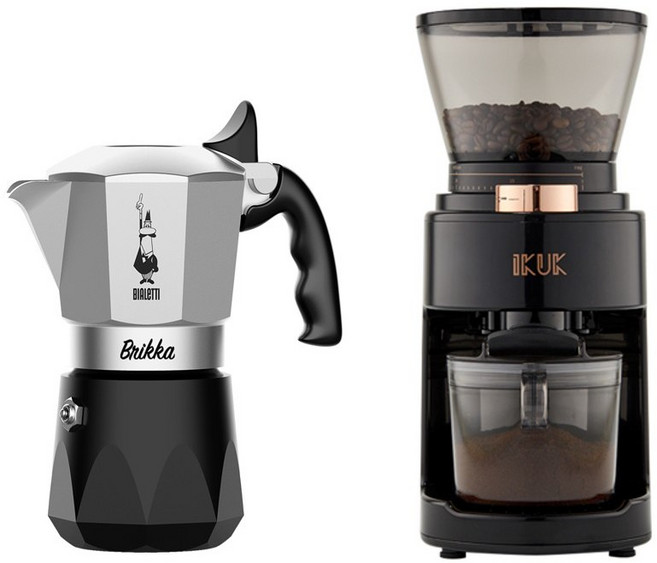 Bialetti Brikka 摩卡壺搭配 IKUK 磨豆機組合, 鑽石加壓4杯份 銀色 + 磨豆機