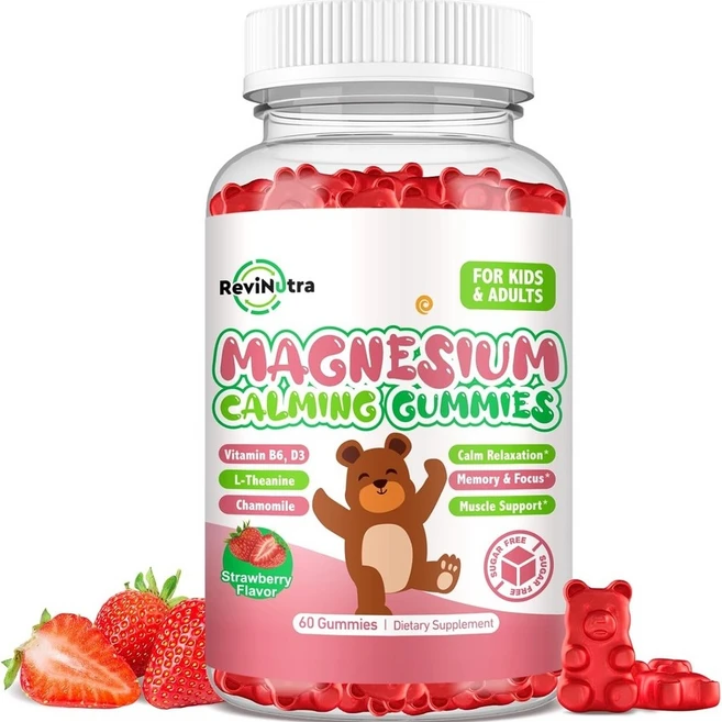 ReviNutra 키즈 마그네슘 구미 비타민 무설탕 딸기맛 60정, Strawberry, 60 Count (Pack of 1), 1개 - 쿠팡
