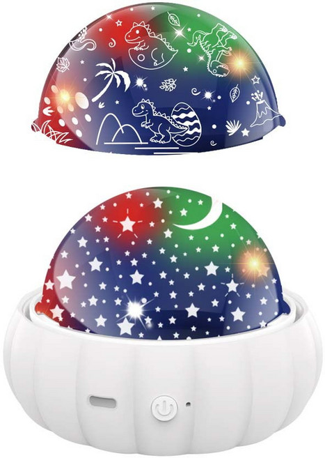 DIU 創意星空投影燈男孩女孩節日禮物360度旋轉彩色投影小夜燈, 白色+2燈罩(星月+恐龍):5V