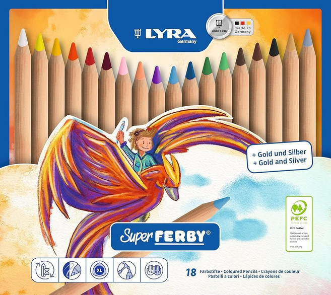 LYRA Super Ferby 자이언트 트라이앵글 색연필 래커 없음 6.25mm 코어 다양한 색상 18팩 (3711180), LYRA Super Ferby 자이언트 트라이앵글 색연