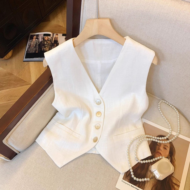 IWMAFT 여성 여름 브이넥 민소매 베스트 버튼 디테일 슬림핏 데일리 린넨 베스트 KT196