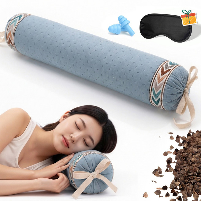 Novah 원통형 메밀베개 통기성 좋은 논슬립 편안한 베개, 1개, 블루