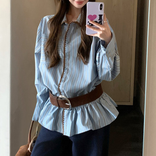 대박난박양 배색 스트라이프 프릴 블라우스