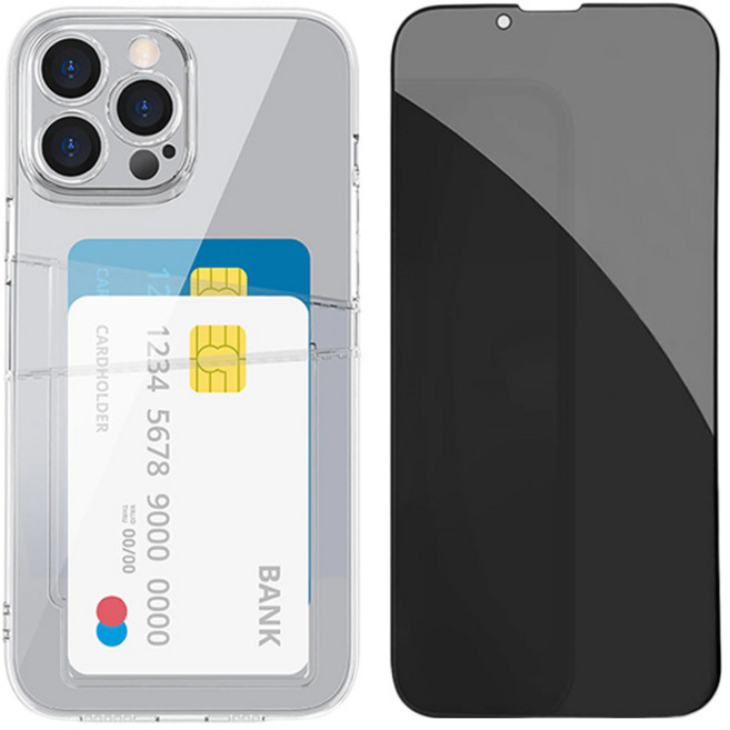 [1+1] 듀얼 카드 범퍼 케이스 & 사생활 보호 프라이버시 풀커버 강화 유리 세트 상품 // 액정 보호 방탄 필름 투명 생폰 쌩폰 느낌 스키니 젤리 휴대폰 핸드폰 수납 케이스, 1+1 세트, 1개