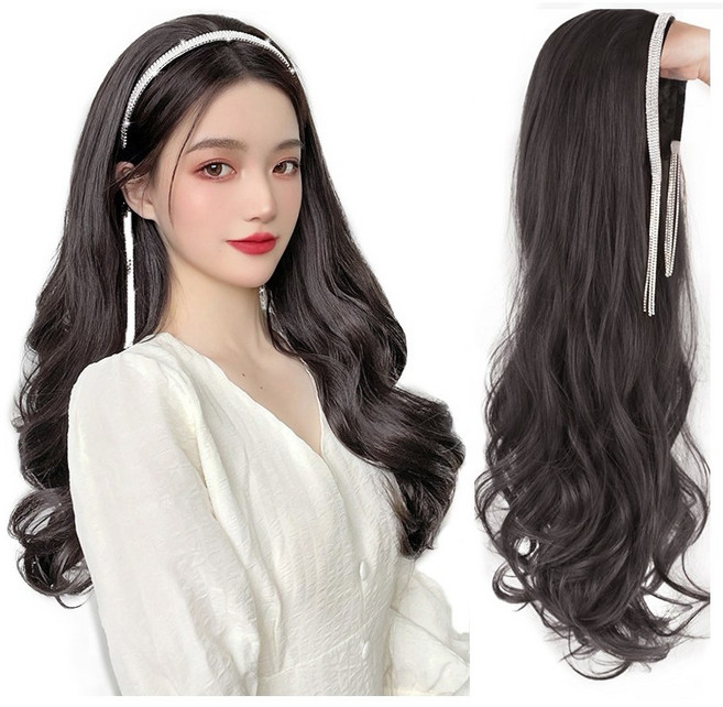 가발위드 큐빅 크리스탈 포인트 머리띠 가발, 블랙브라운, 1개