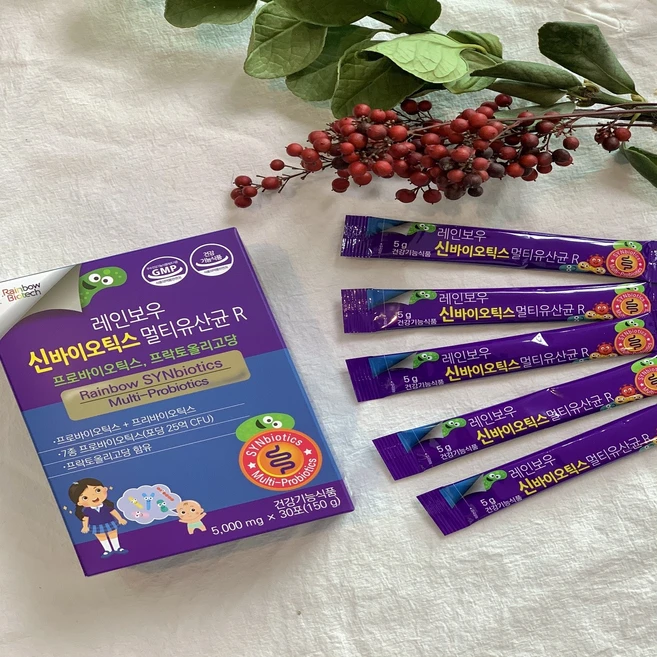 레인보우 토탈신바이오틱스 멀티유산균 R - 장건강 배변원활 마이크로바이옴 피부 김치유산균 프리바이오틱스 나토균 배합 새콤달콤 맛있는 온가족 생유산균 (5g 150포/5박스), 5개, 150g - 쿠팡