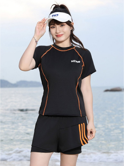 梨卡 大尺碼多件式泳衣 防曬長袖短袖泳裝套組 適合55-100公斤身形, 【CR951】橘色體重60-90KG