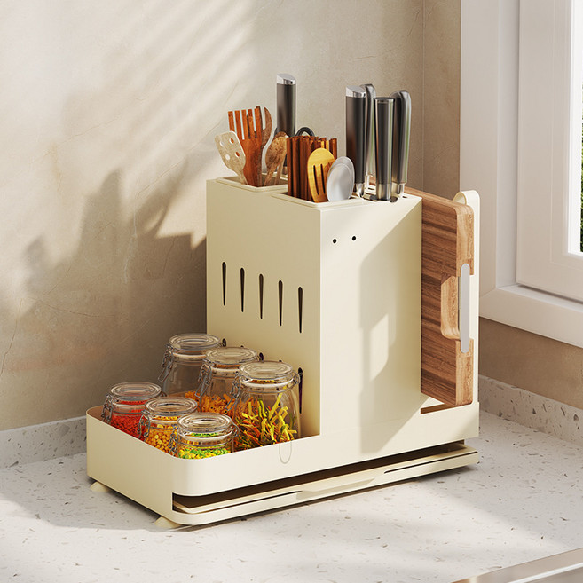 廚房刀架菜板置物架多功能刀具筷籠帶砧板架一體收納架, 1個, 3015米白色：雙筷筒款刀架無掛鉤:如图