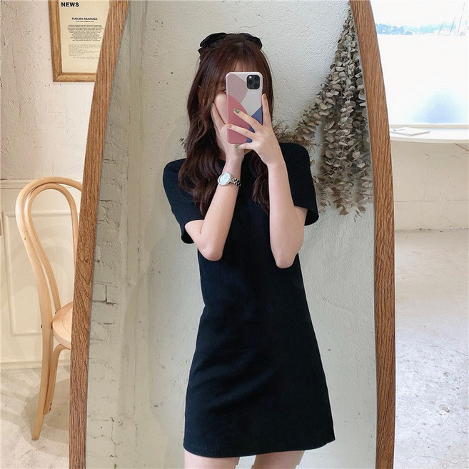 IFaith 韓版新款素色簡約長上衣 遮屁屁 休閒洋裝 連衣裙 T0024, 黑,2XL