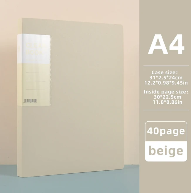 핫클래식 스타일 20/30/40/60 페이지 두꺼운 사이드 인 유형 디스플레이 북 방수 사양 테스트 용지 보관 폴, 03 40Pages-Beige