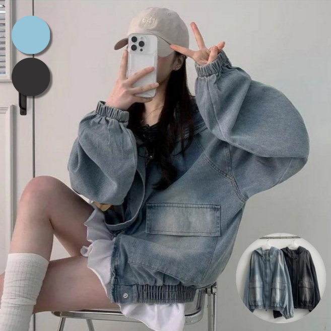 핏몬 여성 오버핏 데님 후드 청 자켓 빅사이즈 간절기 아우터