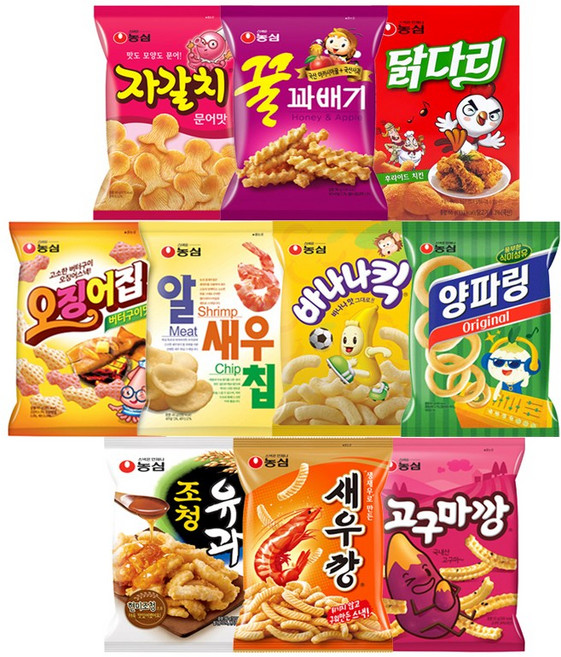 농심 스낵세트 10종(새우깡+꿀꽈배기+오징어집+양파링+고구마깡+조청유과+알새우칩+닭다리+바나나킥+자갈치), 농심 스낵세트 10종, 1세트